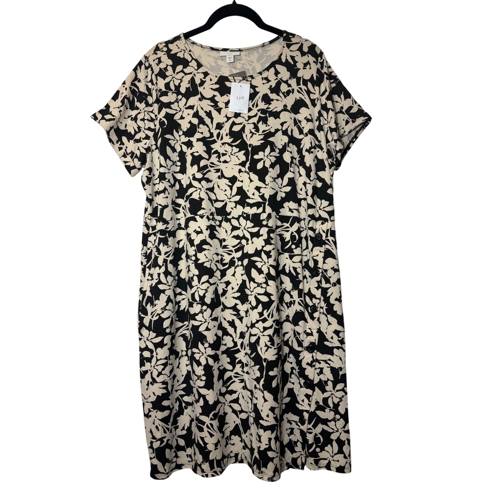 J. Jill NWT Oatmeal Black Floral Pima Cotton Modal Shift Dress LP Petite